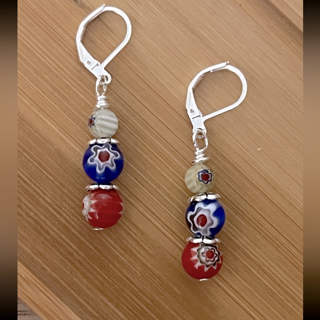 Red, White & Blue Flower Millefiori Earrings With 925 Silver Lever Back Hooks